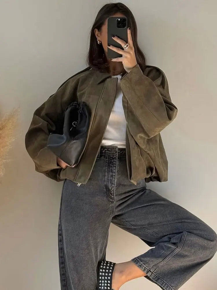 Women Suede Loose Casual Lapel Zipper Bomber Jacket