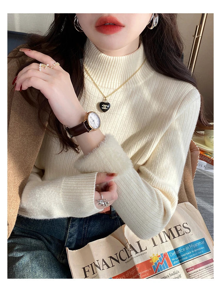Women's Retro Turtleneck with Velvet Lining Thickened Inner Wear Thermal Knitting Pullover Sweater