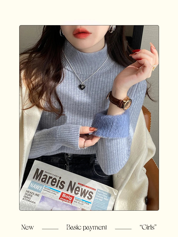 Women's Retro Turtleneck with Velvet Lining Thickened Inner Wear Thermal Knitting Pullover Sweater