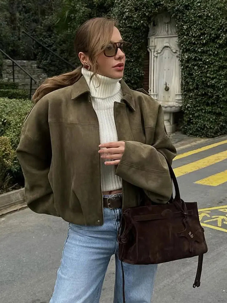 Women Suede Loose Casual Lapel Zipper Bomber Jacket