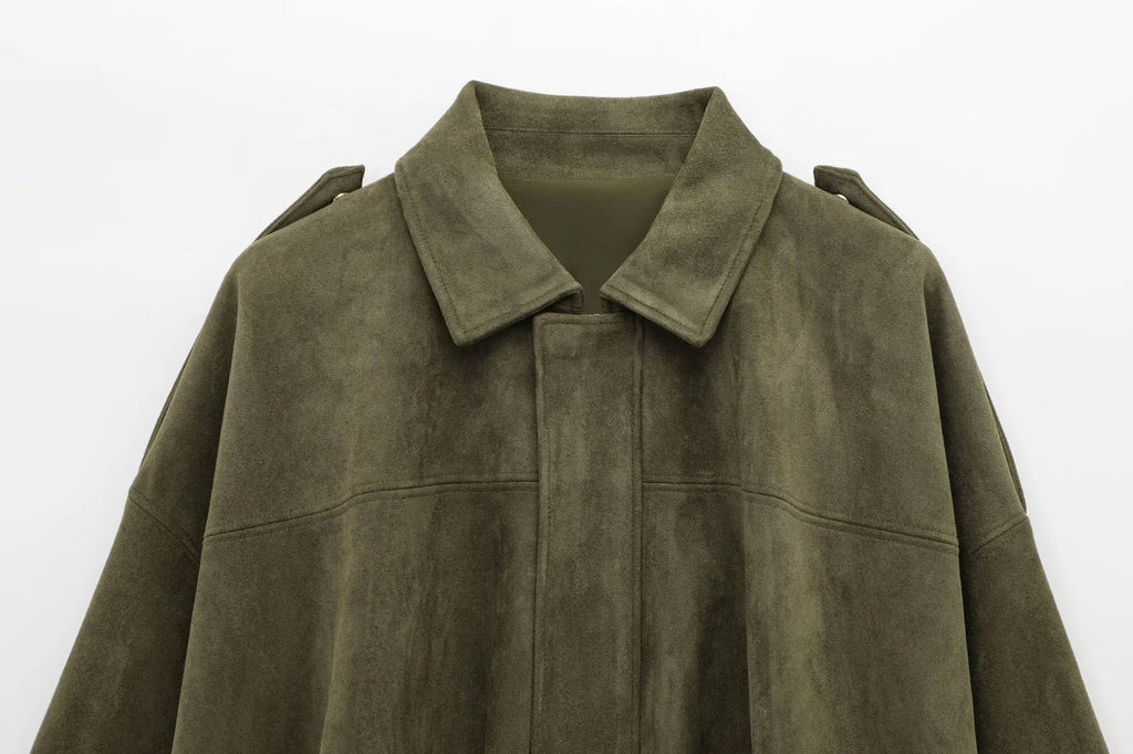 Women Suede Loose Casual Lapel Zipper Bomber Jacket