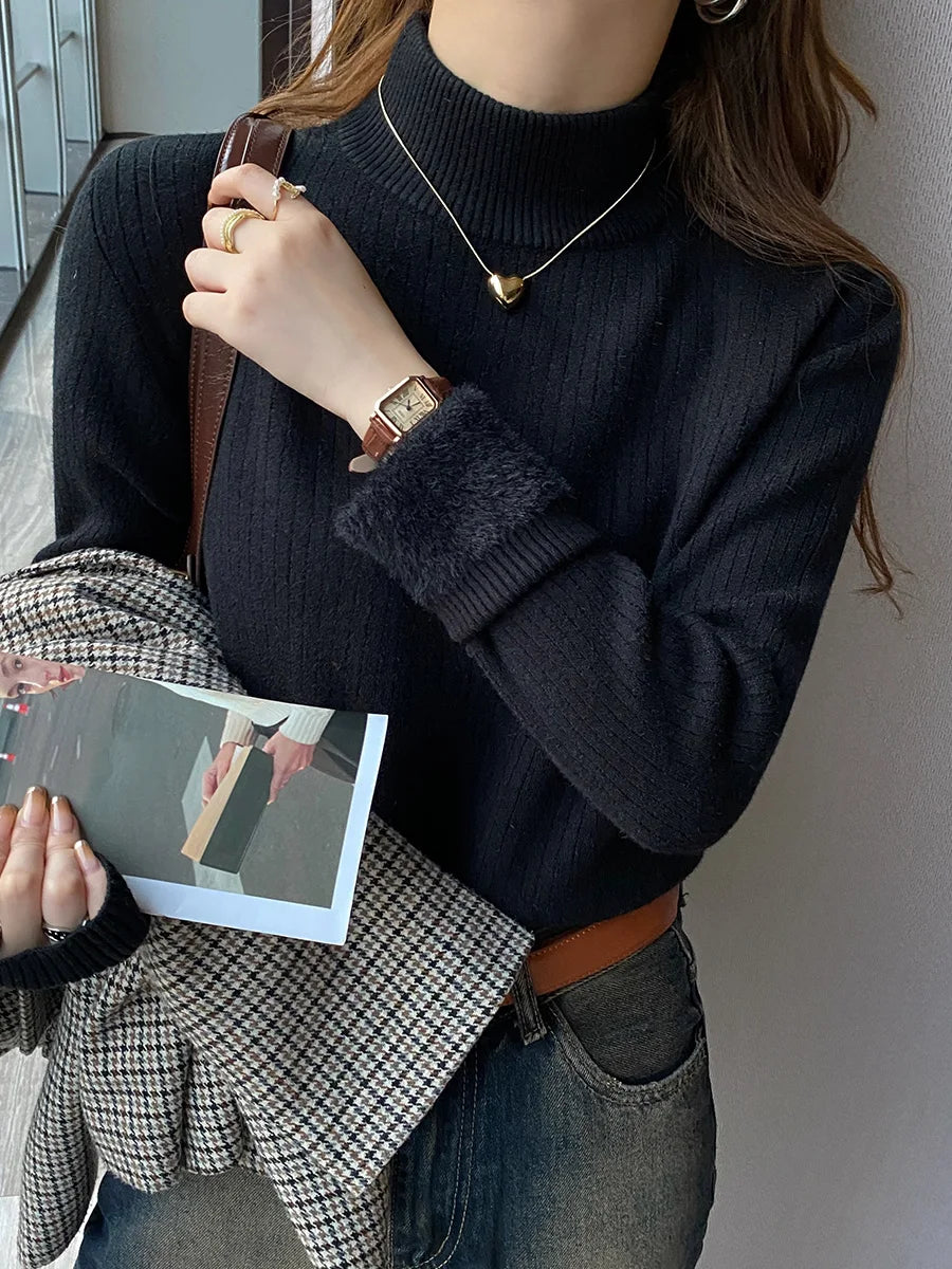 Women's Retro Turtleneck with Velvet Lining Thickened Inner Wear Thermal Knitting Pullover Sweater