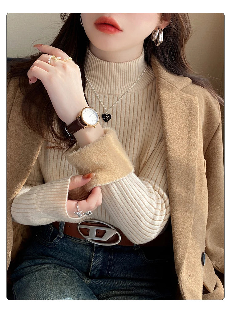 Women's Retro Turtleneck with Velvet Lining Thickened Inner Wear Thermal Knitting Pullover Sweater