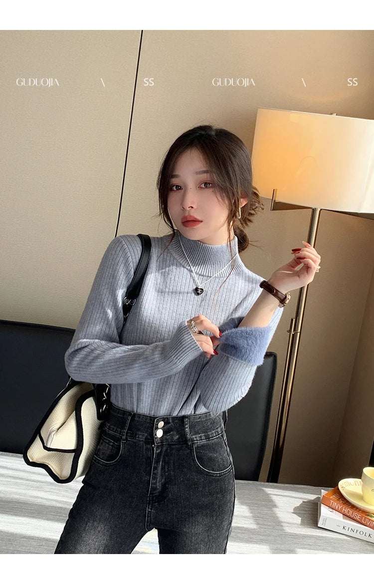 Women's Retro Turtleneck with Velvet Lining Thickened Inner Wear Thermal Knitting Pullover Sweater