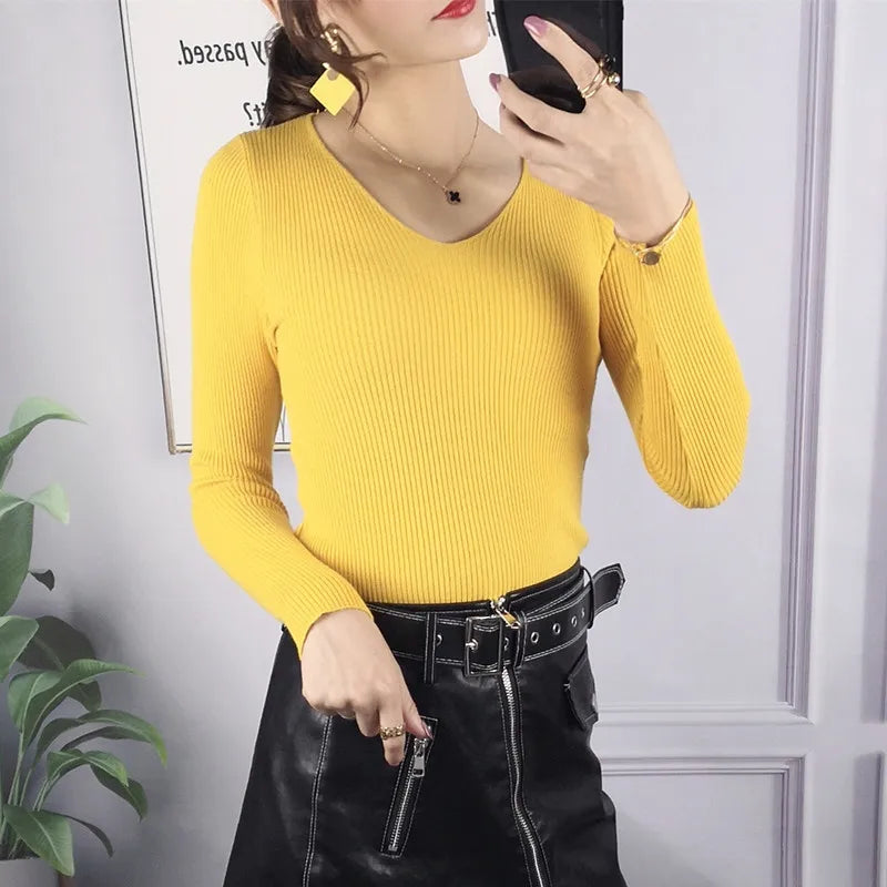 Women Solid Rib Knit V Neck Stripe Pull Sweater