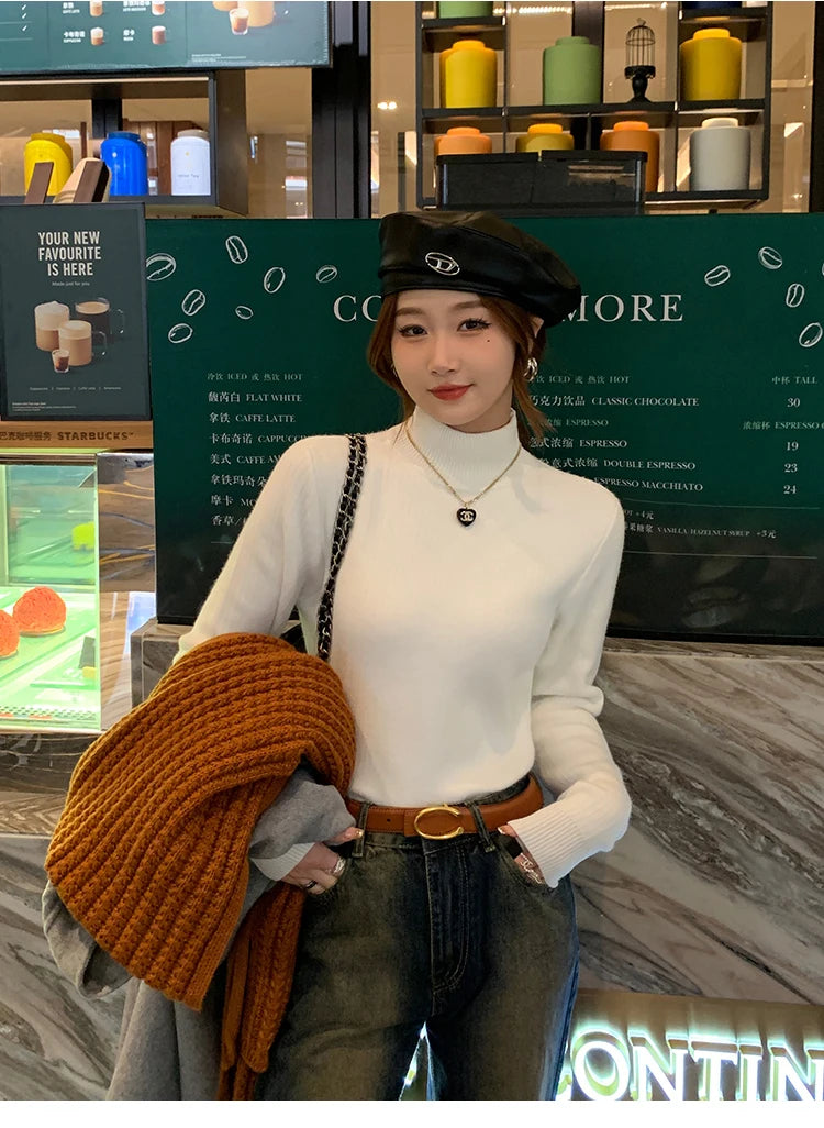 Women's Retro Turtleneck with Velvet Lining Thickened Inner Wear Thermal Knitting Pullover Sweater