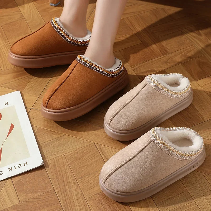 New Fluffy Platform Slippers Plush Warm Cotton Comfort Non-Slip Unisex Home Slippers