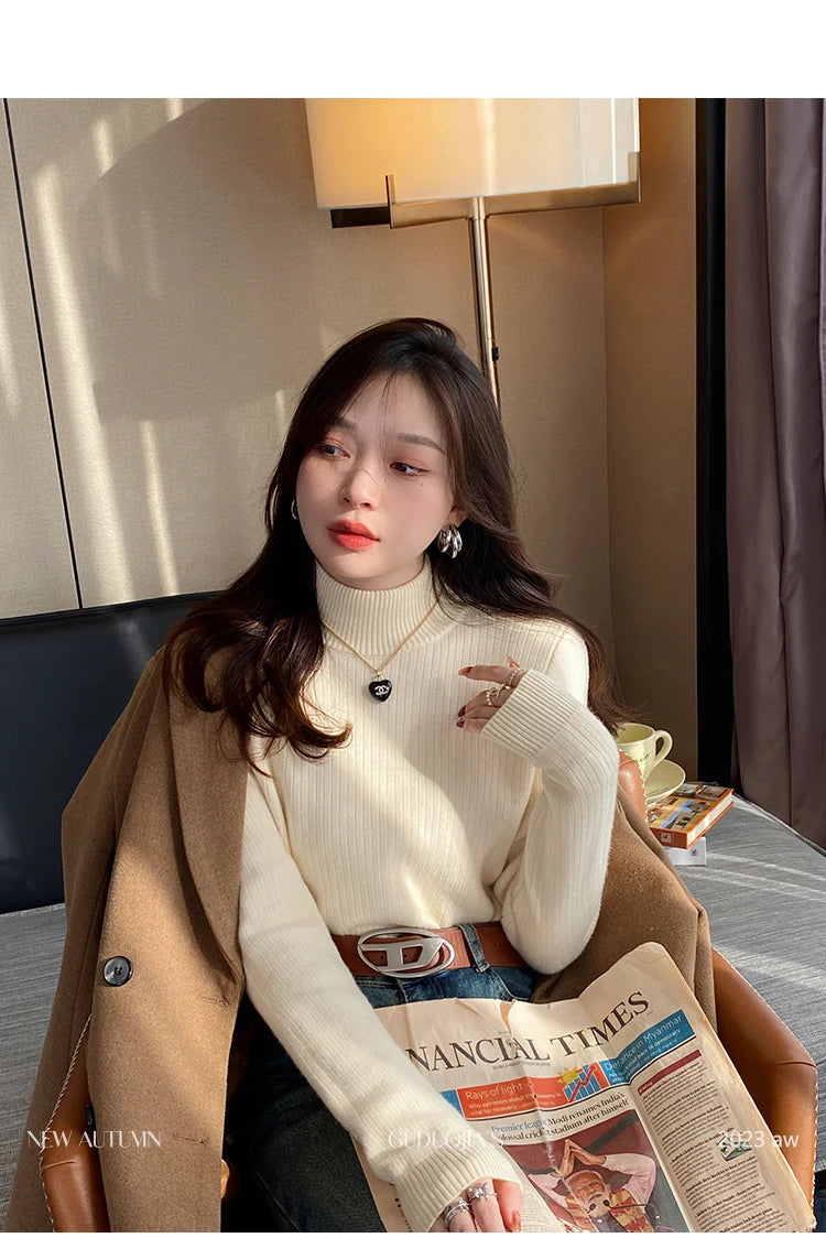 Women's Retro Turtleneck with Velvet Lining Thickened Inner Wear Thermal Knitting Pullover Sweater