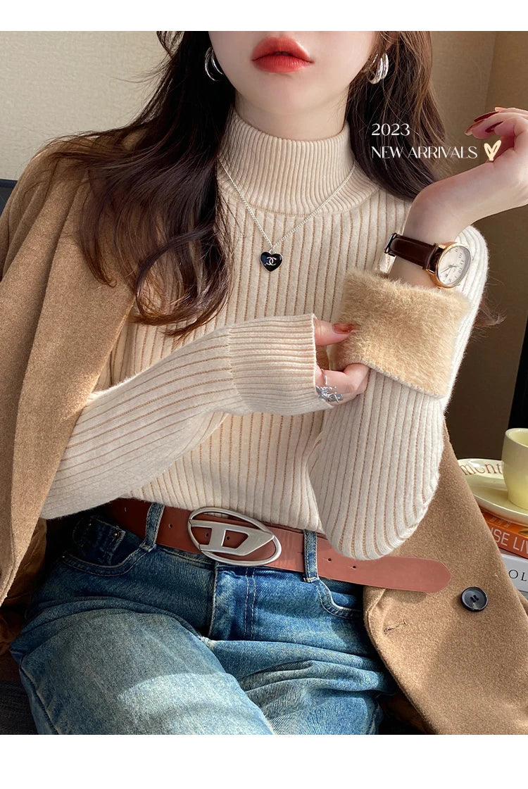 Women's Retro Turtleneck with Velvet Lining Thickened Inner Wear Thermal Knitting Pullover Sweater