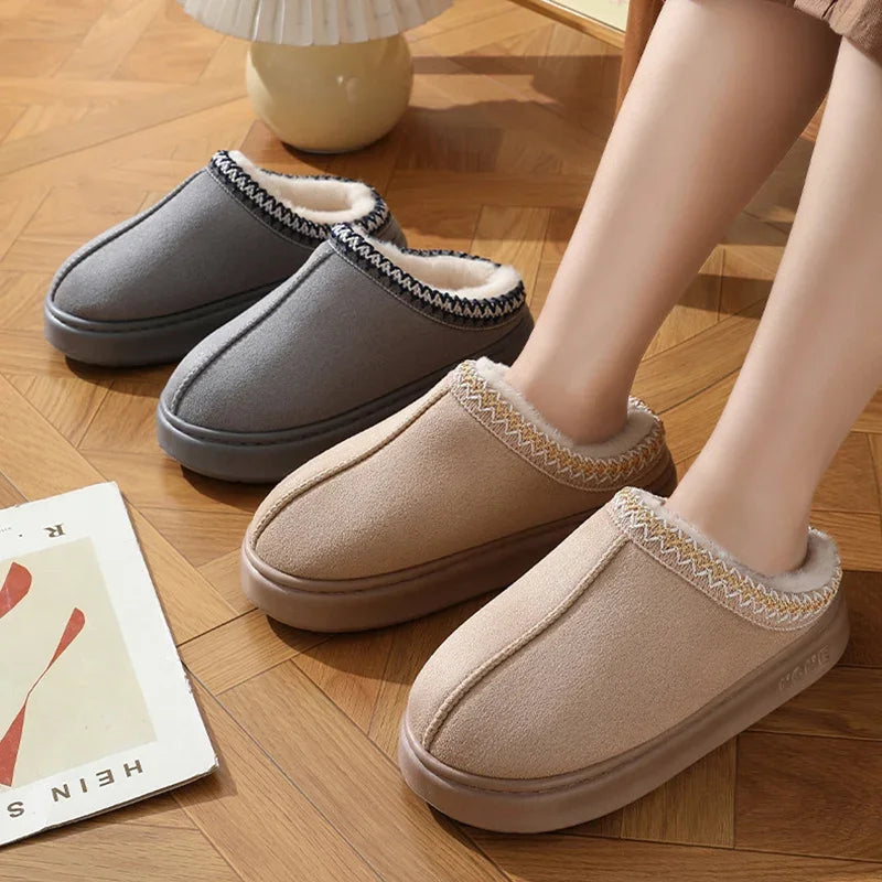 New Fluffy Platform Slippers Plush Warm Cotton Comfort Non-Slip Unisex Home Slippers
