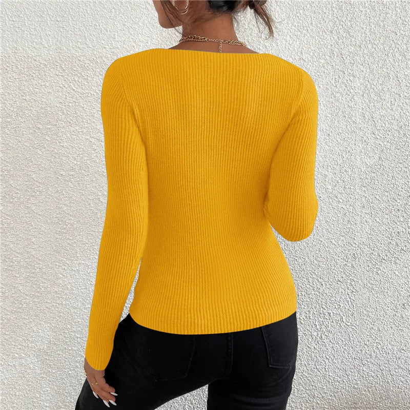 Women Solid Rib Knit V Neck Stripe Pull Sweater
