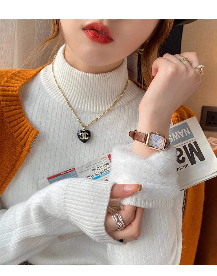 Women's Retro Turtleneck with Velvet Lining Thickened Inner Wear Thermal Knitting Pullover Sweater