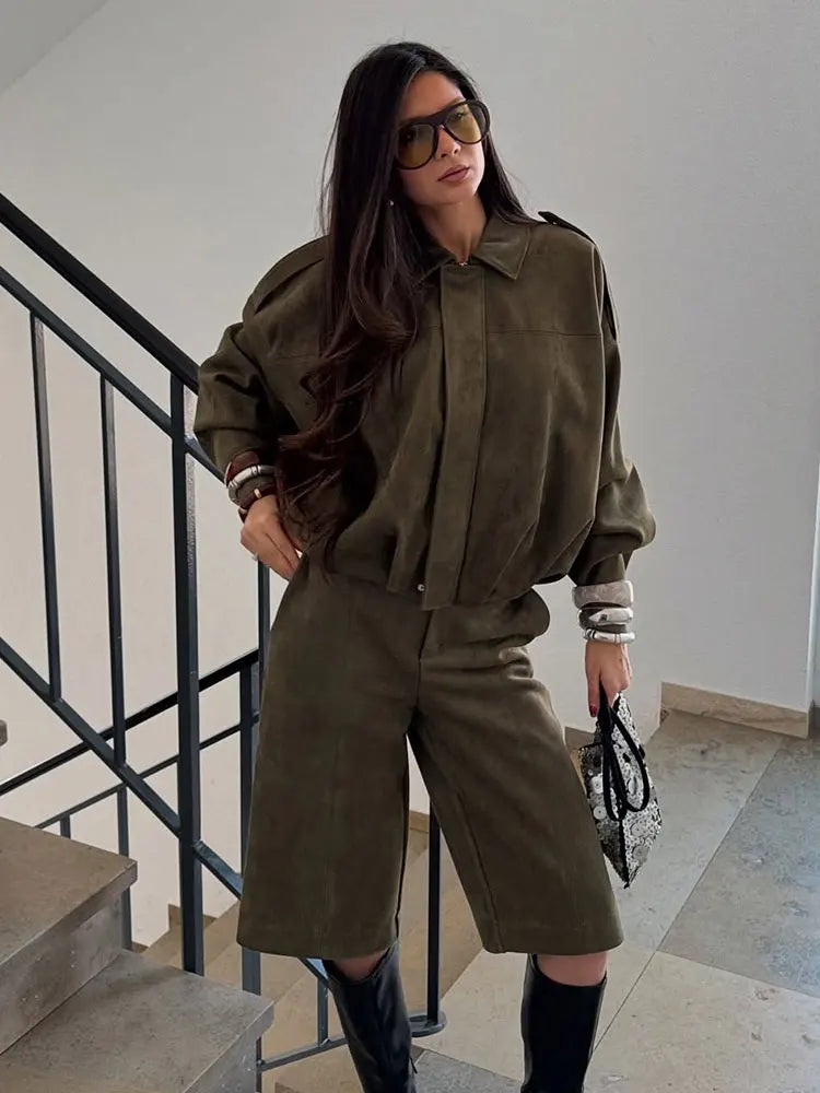 Women Suede Loose Casual Lapel Zipper Bomber Jacket