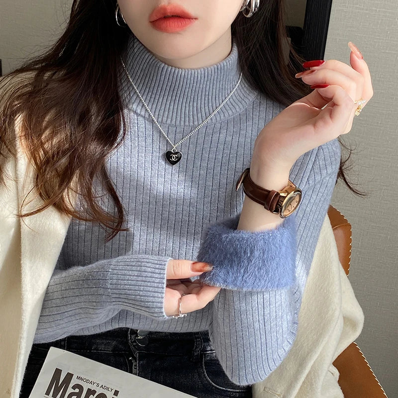 Women's Retro Turtleneck with Velvet Lining Thickened Inner Wear Thermal Knitting Pullover Sweater