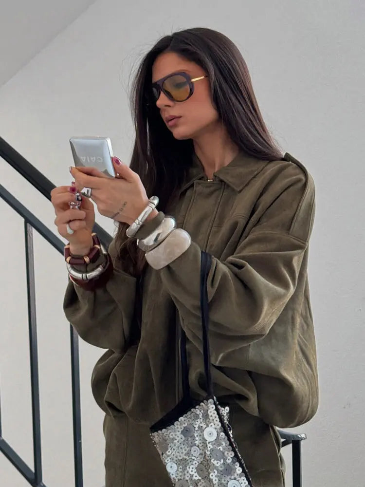 Women Suede Loose Casual Lapel Zipper Bomber Jacket