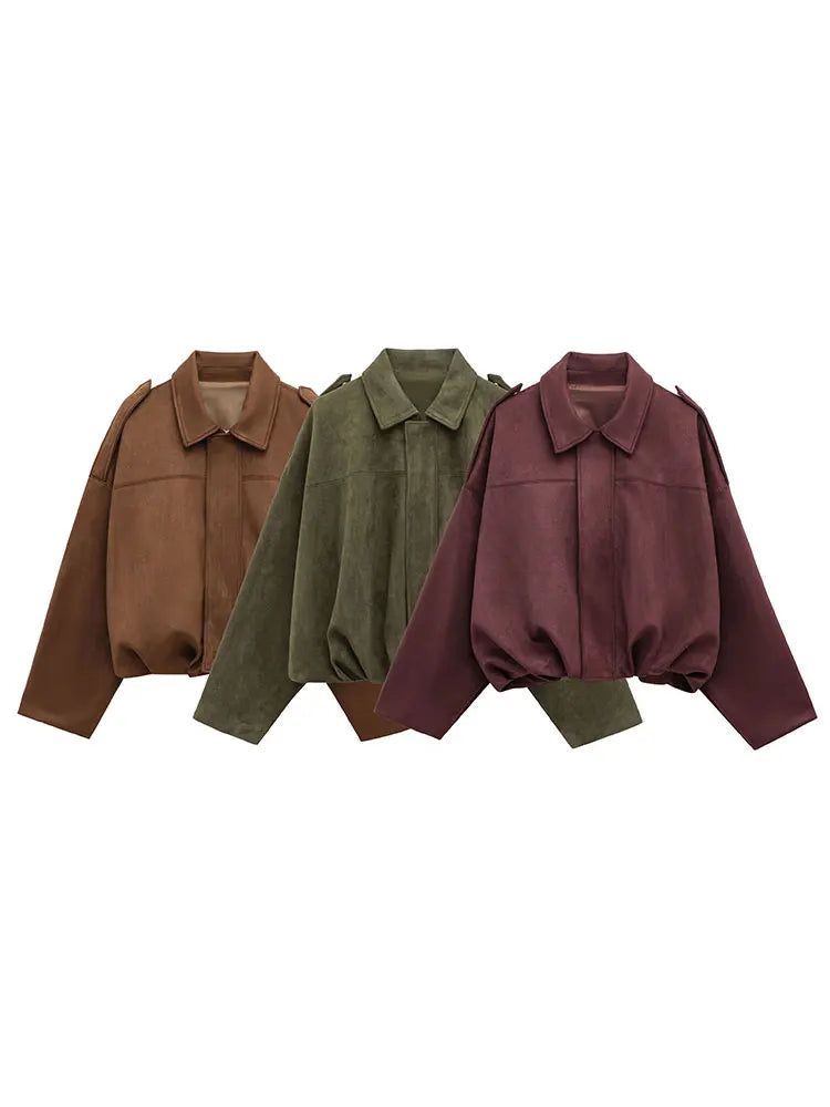 Women Suede Loose Casual Lapel Zipper Bomber Jacket