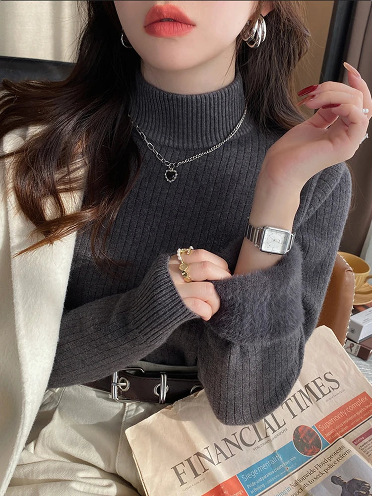Women's Retro Turtleneck with Velvet Lining Thickened Inner Wear Thermal Knitting Pullover Sweater
