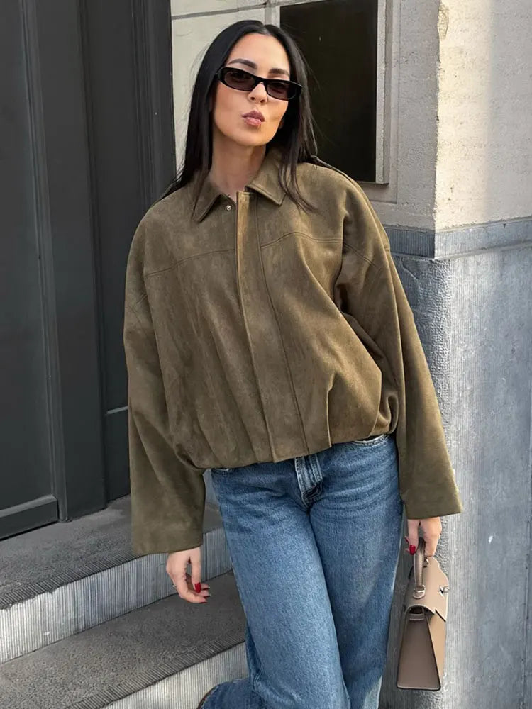 Women Suede Loose Casual Lapel Zipper Bomber Jacket
