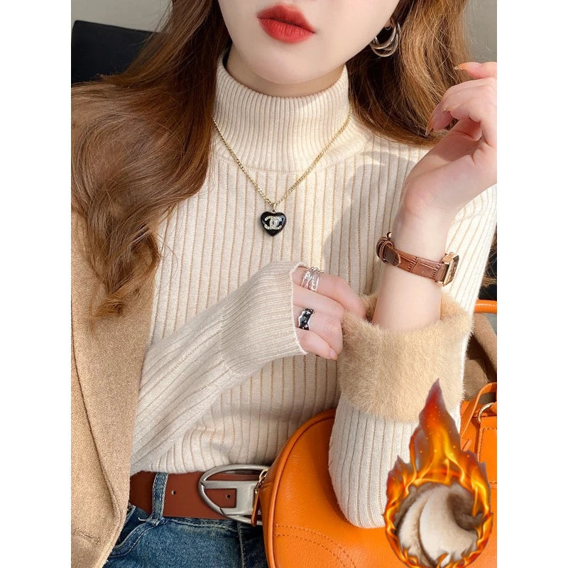Women's Retro Turtleneck with Velvet Lining Thickened Inner Wear Thermal Knitting Pullover Sweater