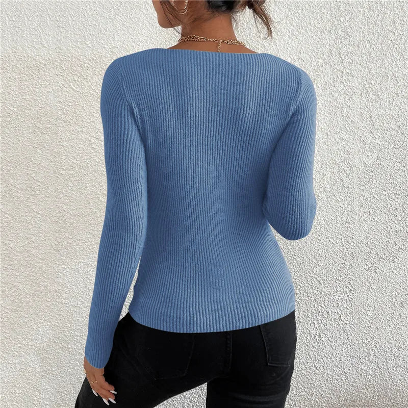 Women Solid Rib Knit V Neck Stripe Pull Sweater