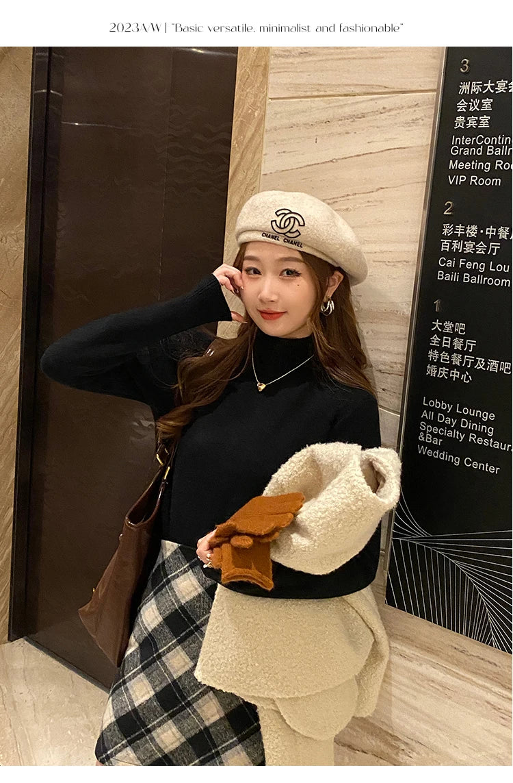 Women's Retro Turtleneck with Velvet Lining Thickened Inner Wear Thermal Knitting Pullover Sweater