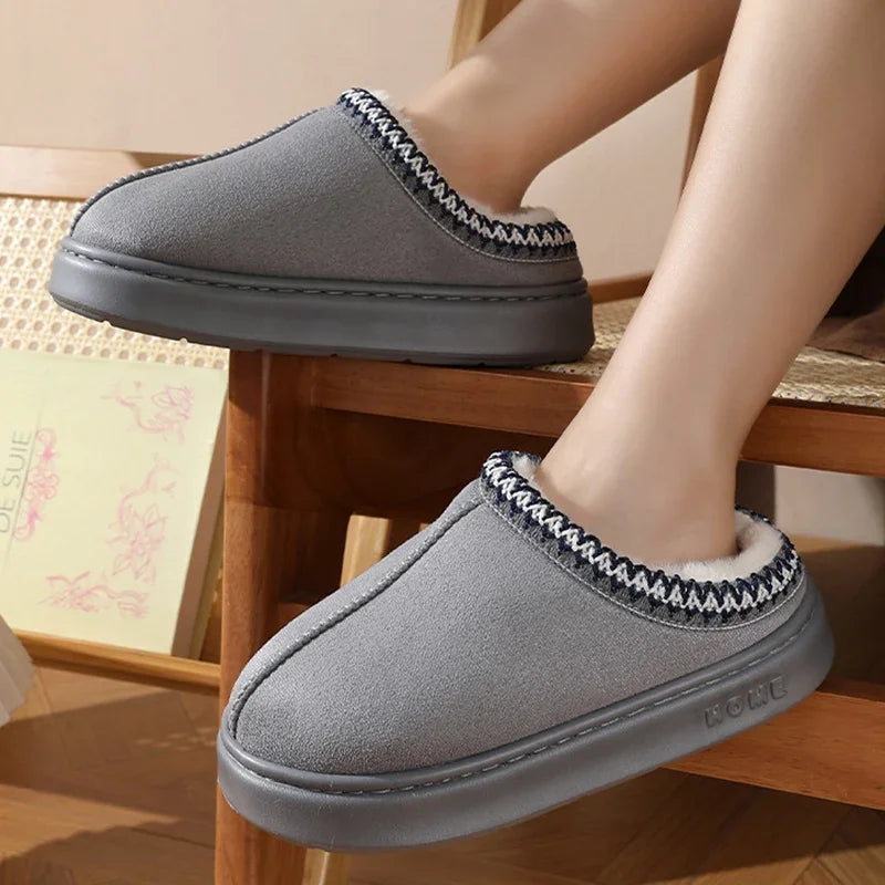 New Fluffy Platform Slippers Plush Warm Cotton Comfort Non-Slip Unisex Home Slippers