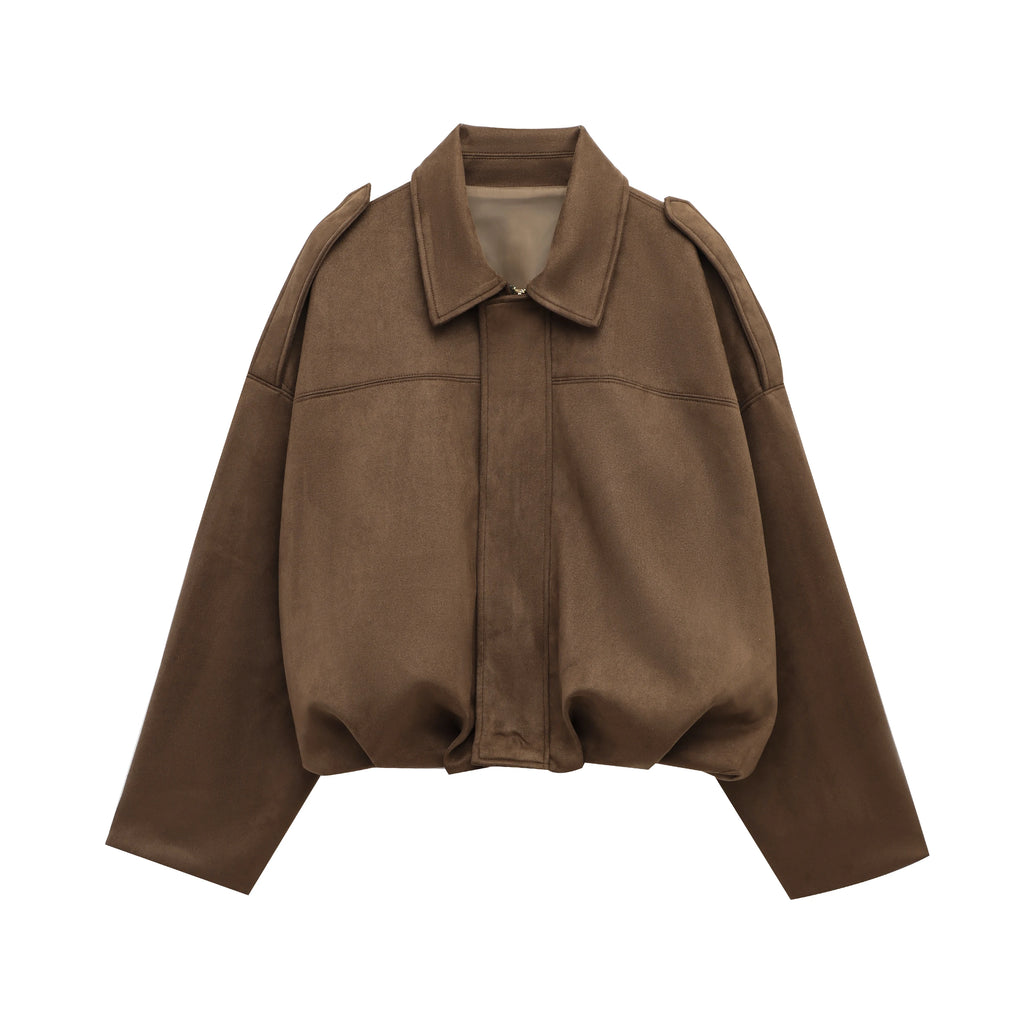 Women Suede Loose Casual Lapel Zipper Bomber Jacket