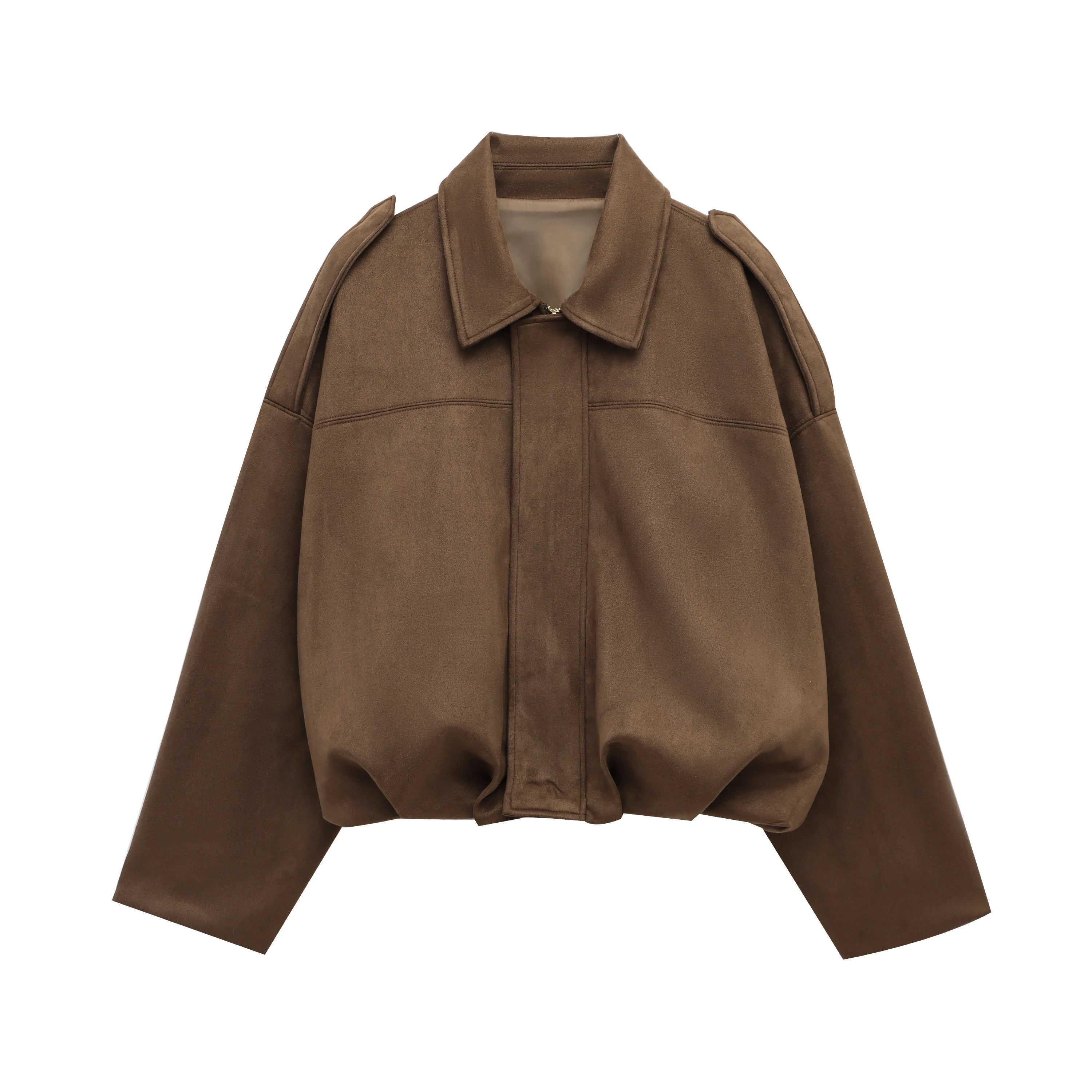 Women Suede Loose Casual Lapel Zipper Bomber Jacket