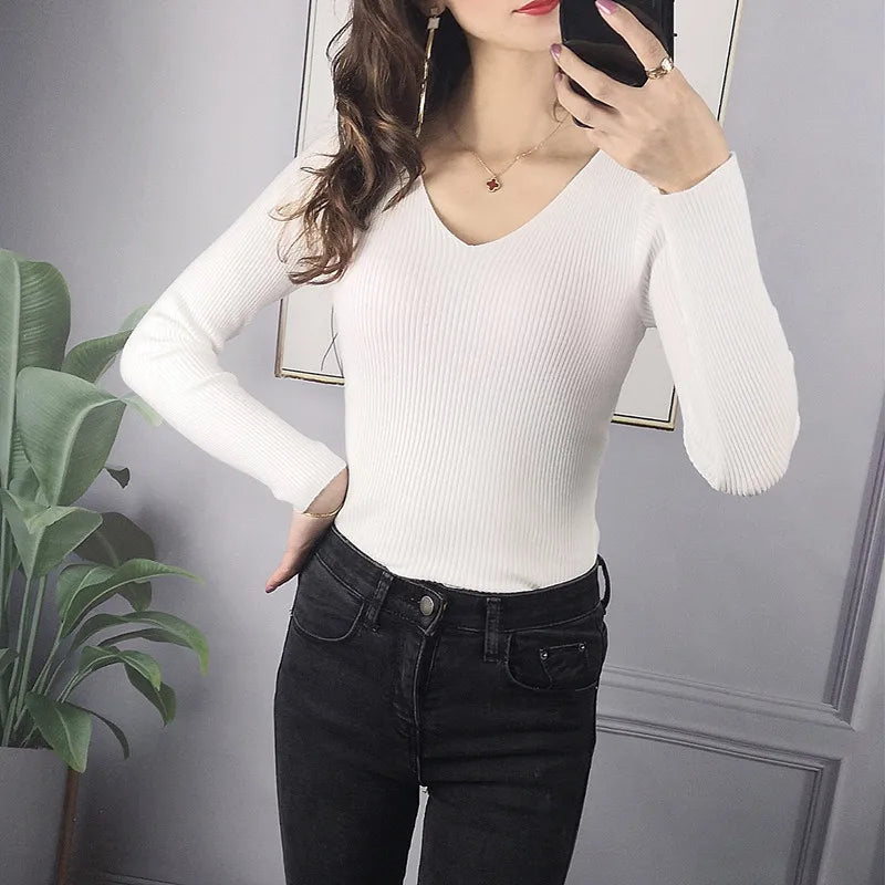 Women Solid Rib Knit V Neck Stripe Pull Sweater