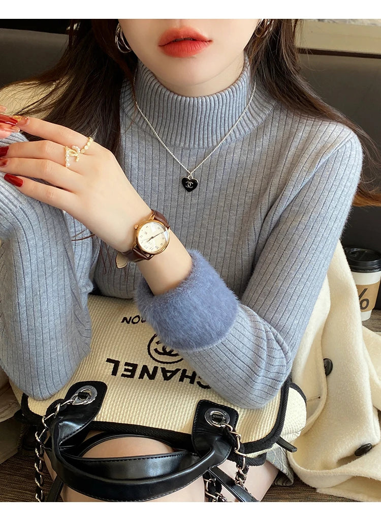 Women's Retro Turtleneck with Velvet Lining Thickened Inner Wear Thermal Knitting Pullover Sweater