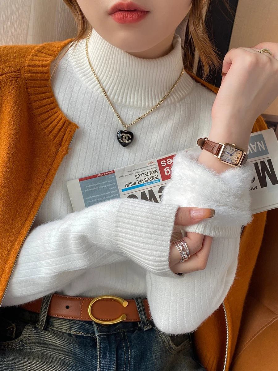 Women's Retro Turtleneck with Velvet Lining Thickened Inner Wear Thermal Knitting Pullover Sweater