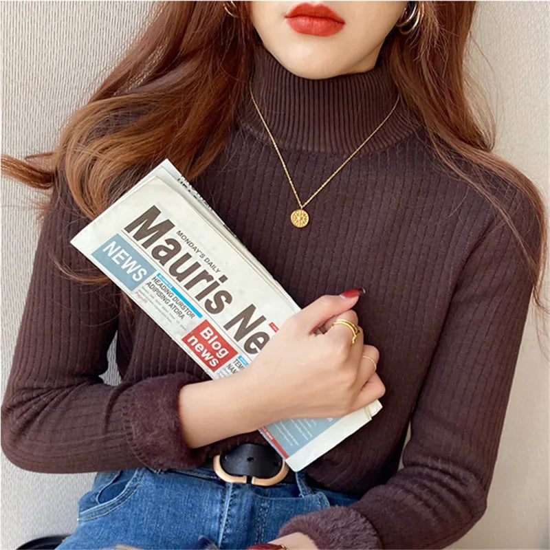 Women's Retro Turtleneck with Velvet Lining Thickened Inner Wear Thermal Knitting Pullover Sweater