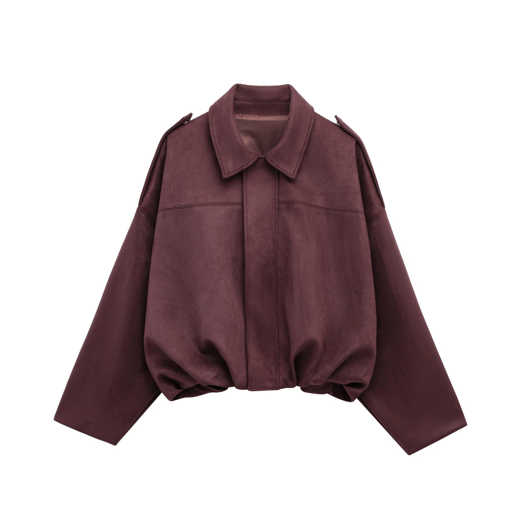 Women Suede Loose Casual Lapel Zipper Bomber Jacket