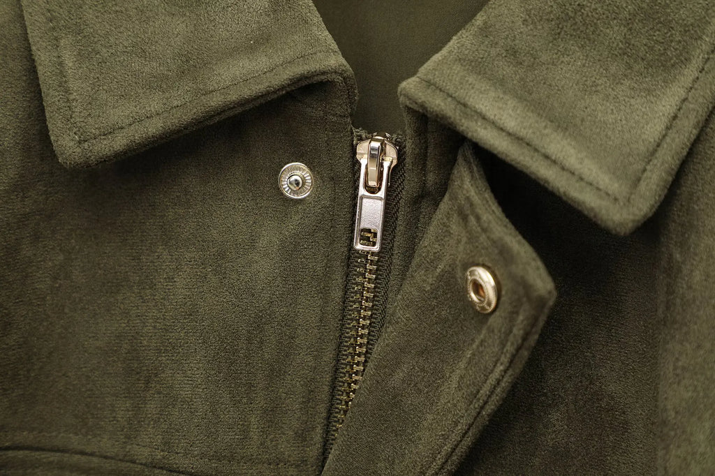 Women Suede Loose Casual Lapel Zipper Bomber Jacket