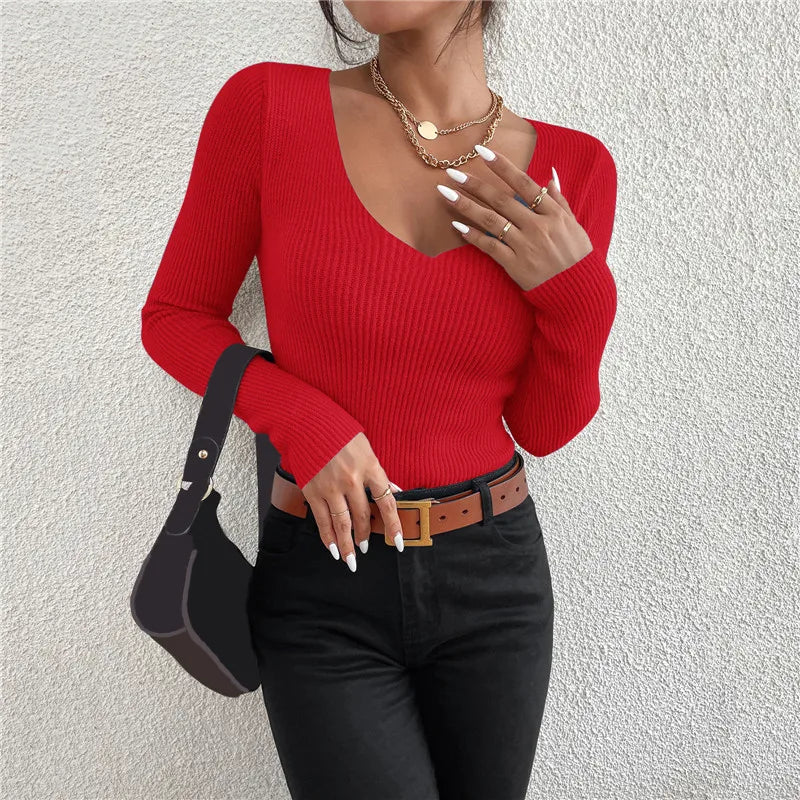 Women Solid Rib Knit V Neck Stripe Pull Sweater