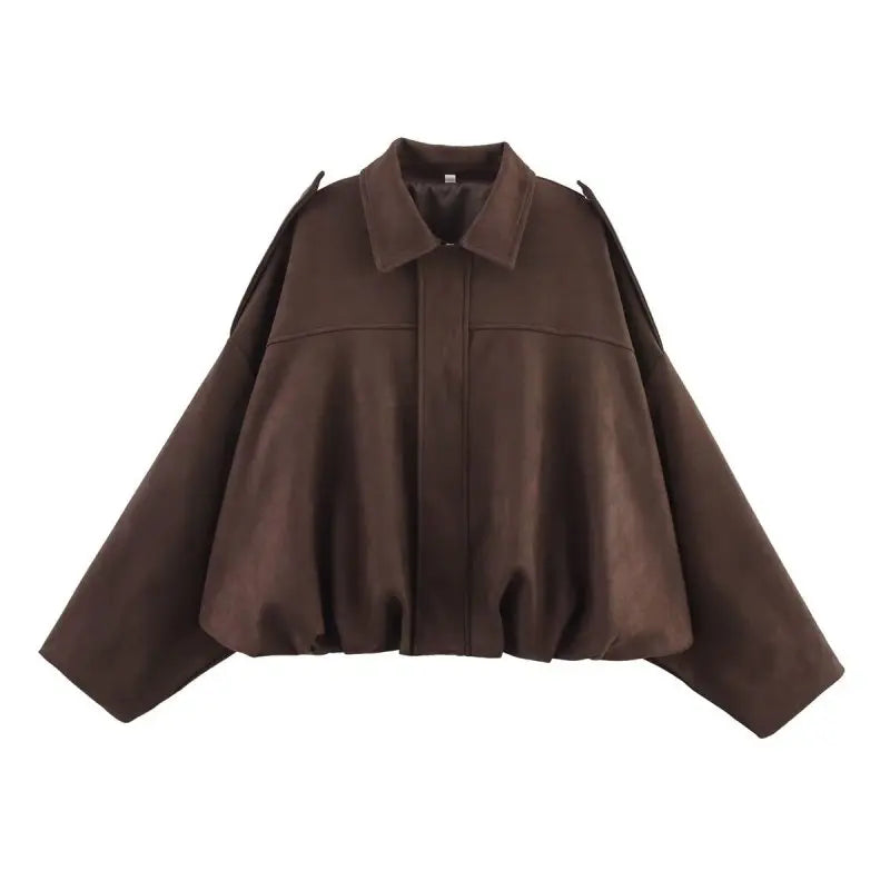 Women Suede Loose Casual Lapel Zipper Bomber Jacket