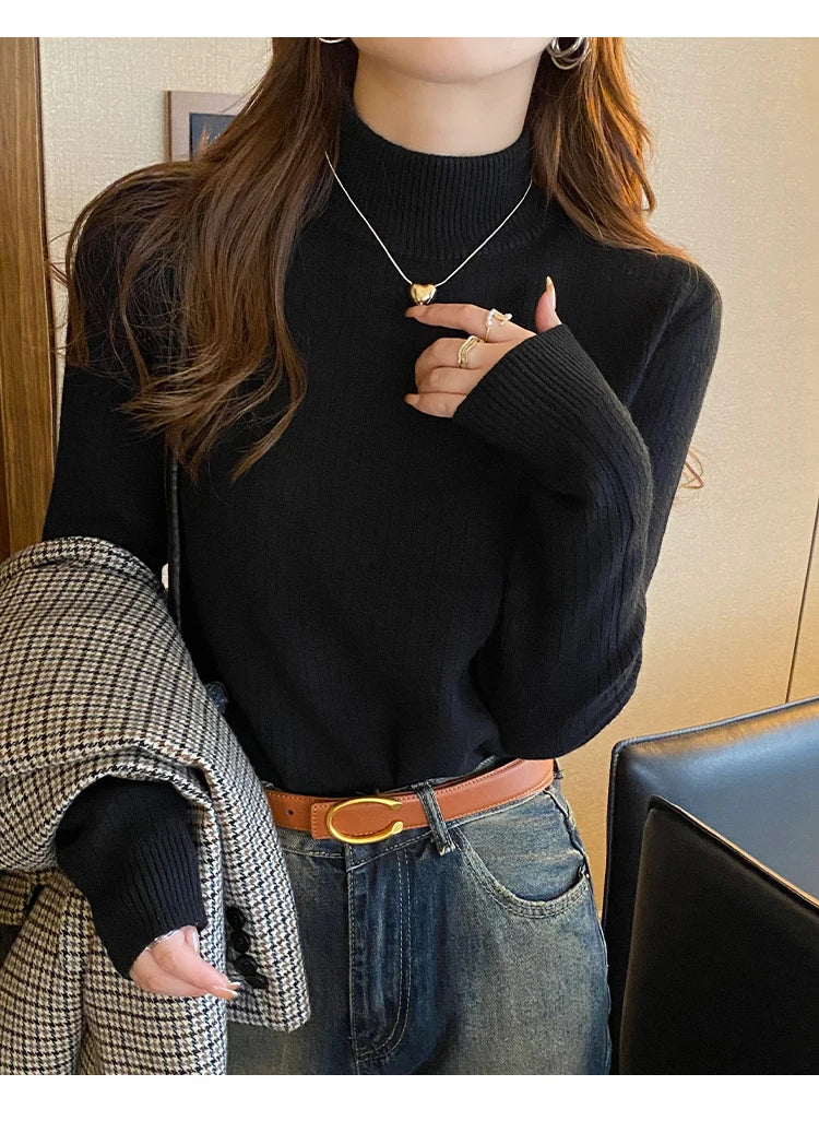 Women's Retro Turtleneck with Velvet Lining Thickened Inner Wear Thermal Knitting Pullover Sweater