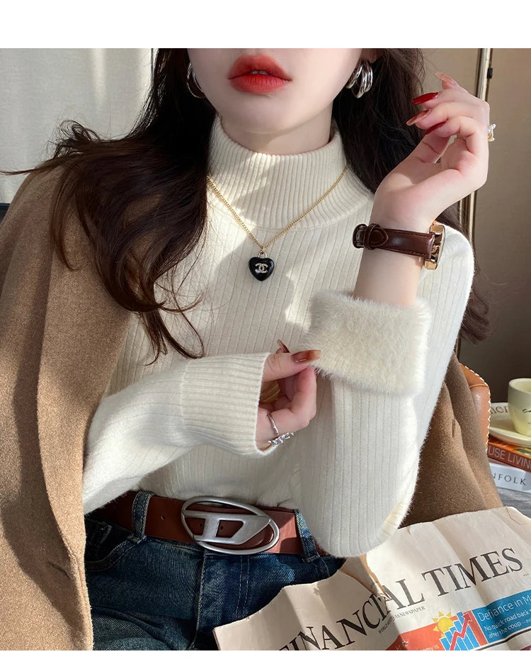 Women's Retro Turtleneck with Velvet Lining Thickened Inner Wear Thermal Knitting Pullover Sweater